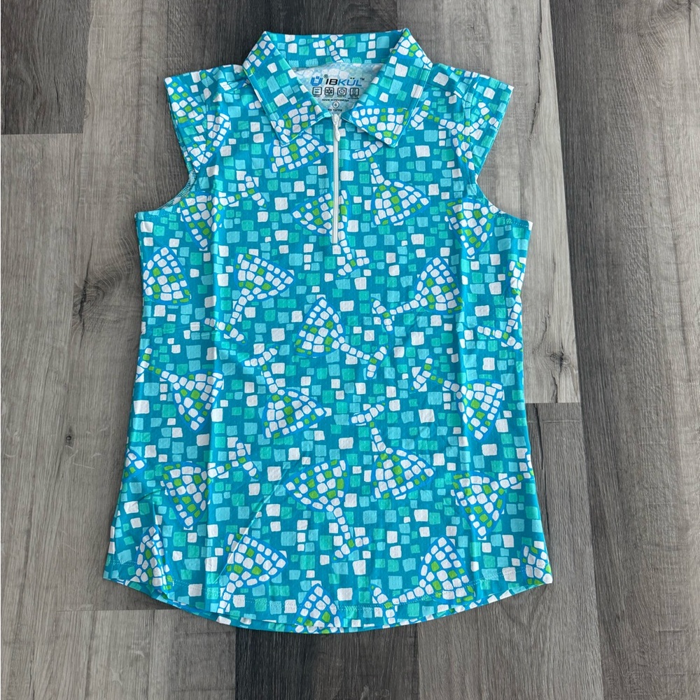 IBKUL Turquoise & White Patterned Sleeveless Polo